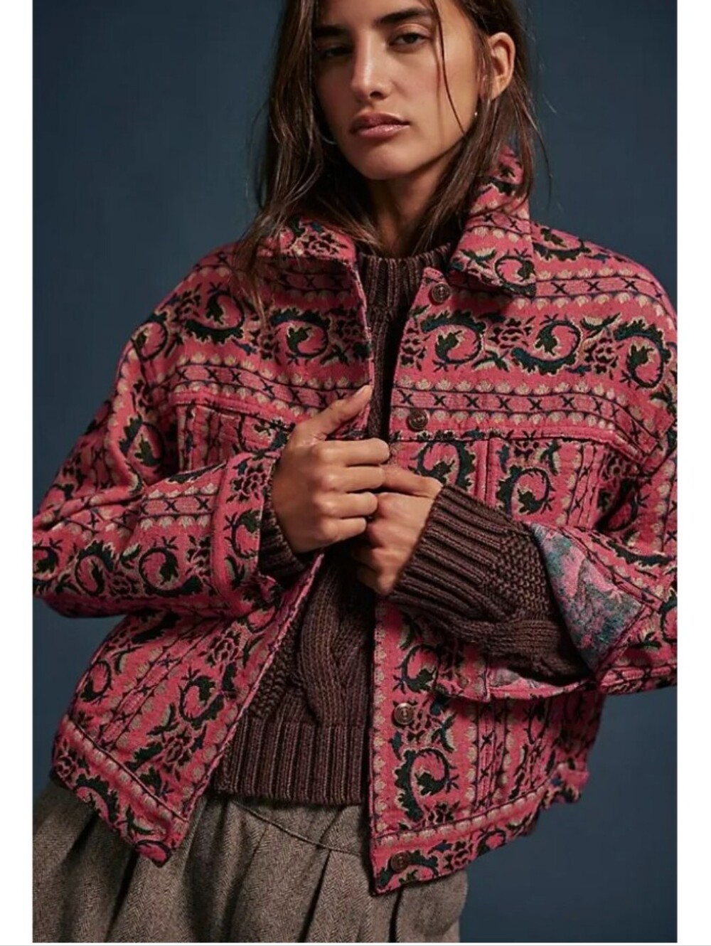 Free People We The Free Opal Wool Blend Jacquard Swing Jacket Crimson L NWT RARE